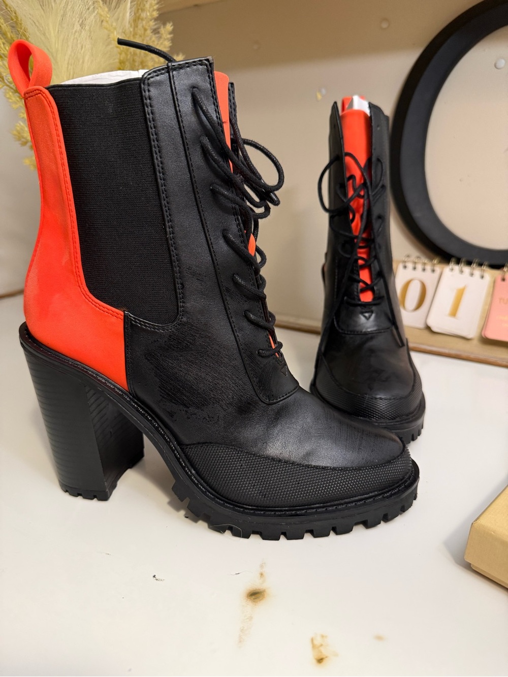 Women's Black and orange Lace-Up Block Heel Boots